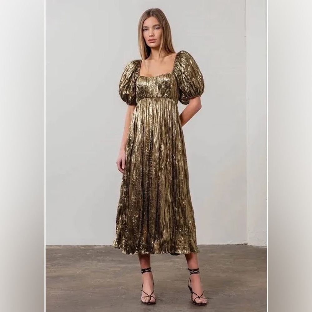 MOON RIVER Gold Shimmer Midi Dress Elegant Gold Puff Sleeve Dress M nwt